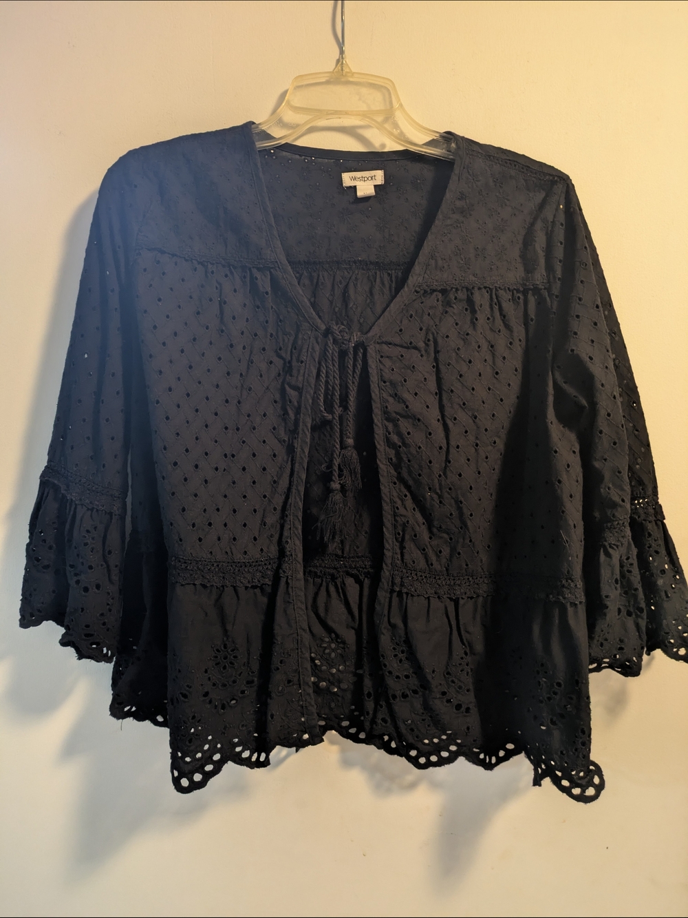 Westport Black Eyelet Tie-Front Boho Peplum Top 100% Cotton
